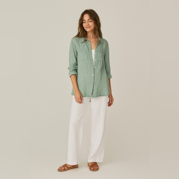 Talia Benson Womens Light Green Casual 100% Linen Button Down Long Sleeve Shirt - Picture 1 of 13
